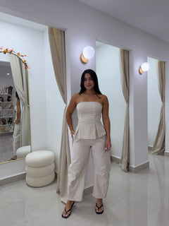 Stripe strapless top and barrel pants