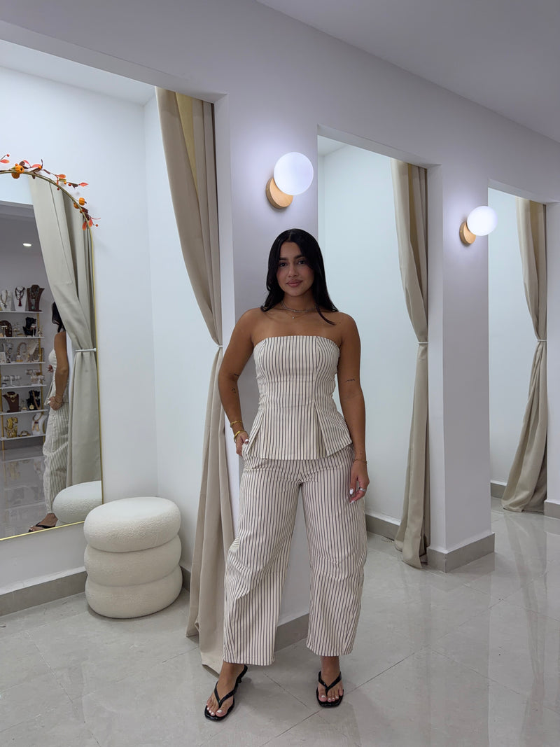 Stripe strapless top and barrel pants