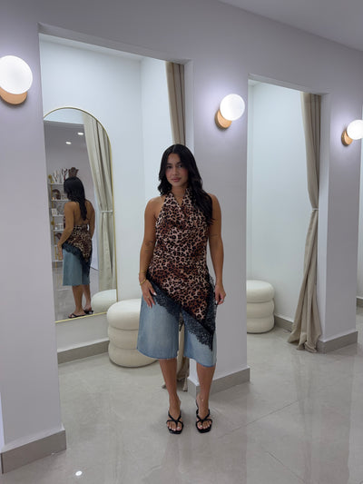 Animal print lace halter top
