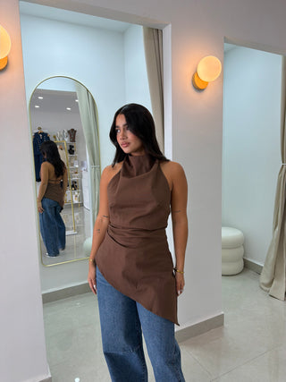 Asymmetrical open back brown top