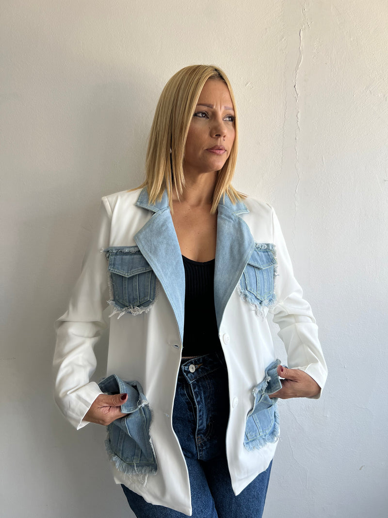 White/denim blazer