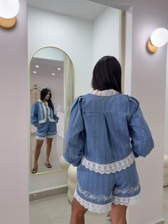 Embroidered Denim with lace set