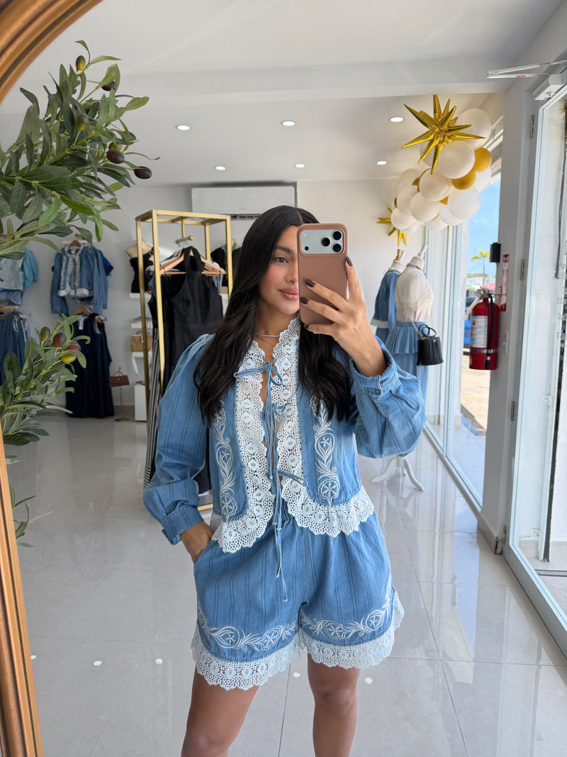 Embroidered Denim with lace set