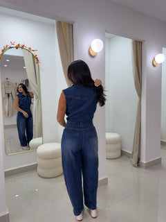 Denim sleeveless leg jumpsuit