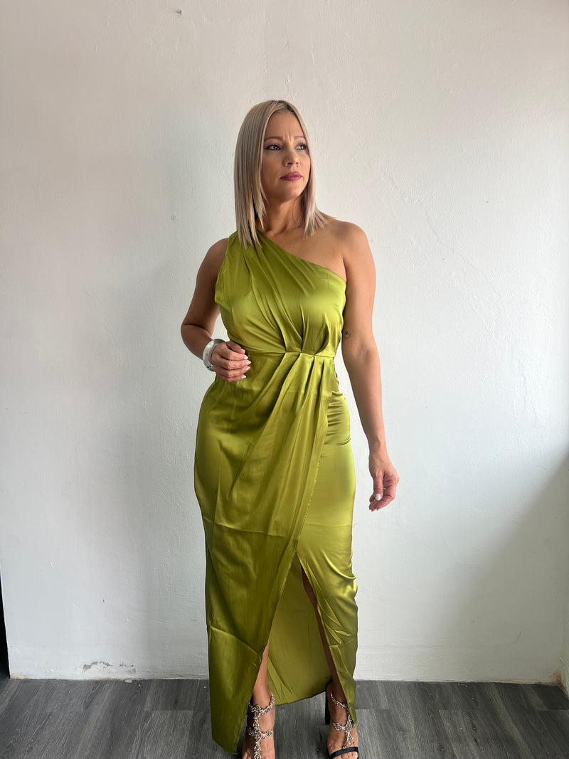 Green satin dress