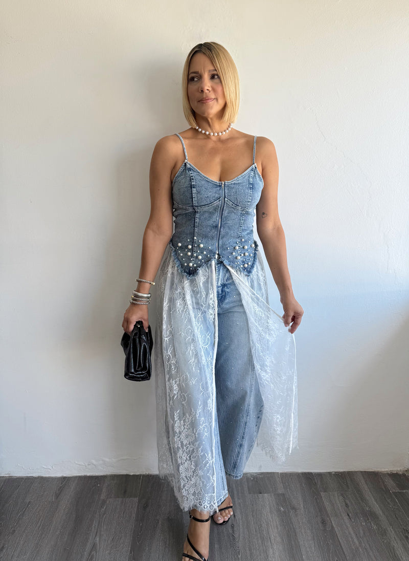 Lace denim top