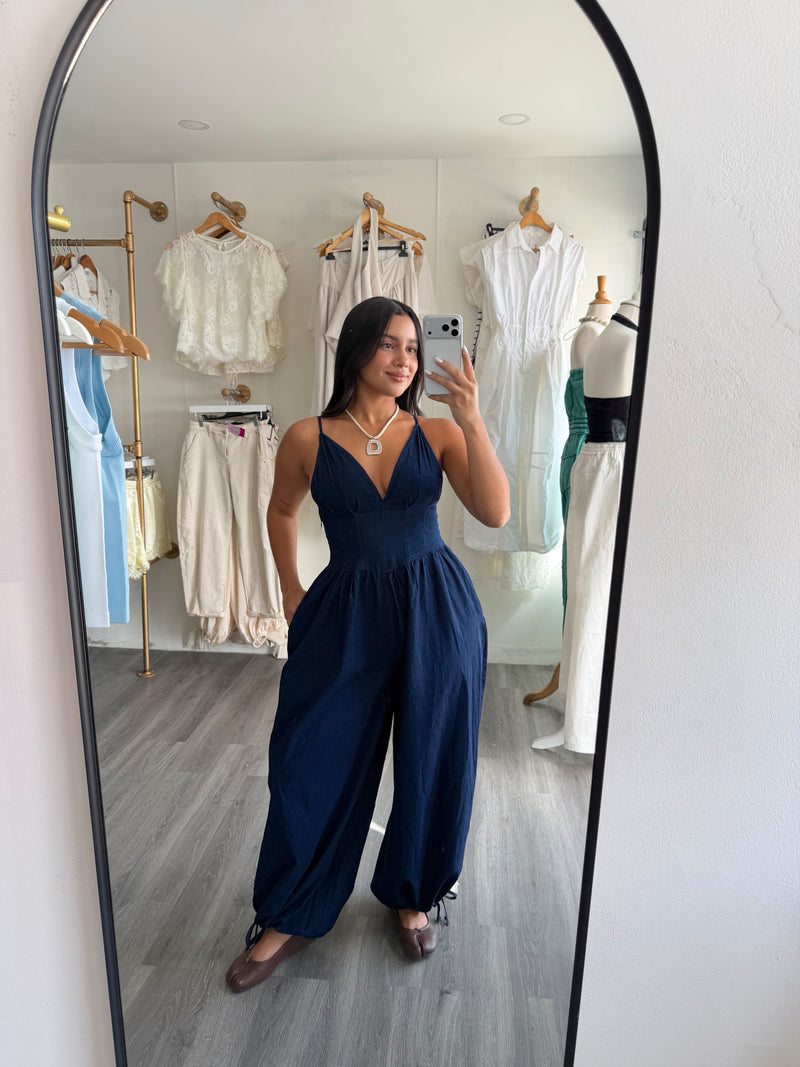 Denim corset top balloon jumpsuit