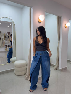 Wrap front wide leg jeans