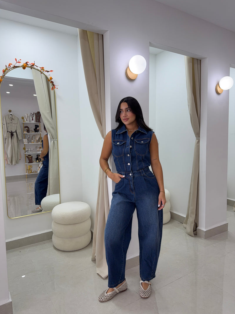 Denim sleeveless leg jumpsuit