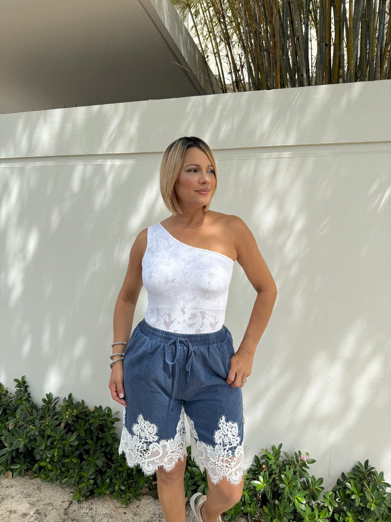 Lace denim jorts