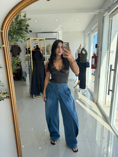 Wrap front wide leg jeans