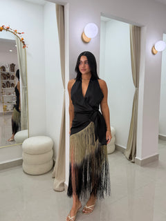 Black satin fringe halter dress