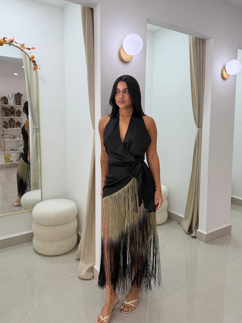 Black satin fringe halter dress
