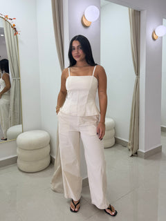Cream peplum top and barrel pants