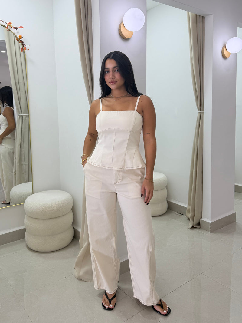 Cream peplum top and barrel pants