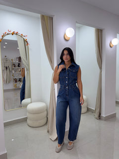 Denim sleeveless leg jumpsuit