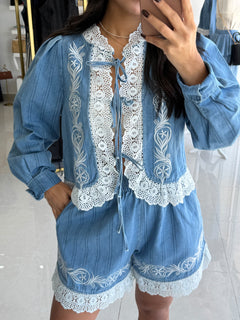 Embroidered Denim with lace set