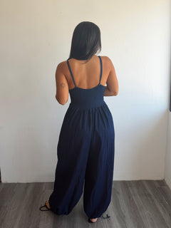 Denim corset top balloon jumpsuit