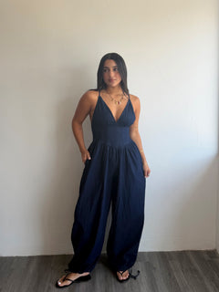 Denim corset top balloon jumpsuit