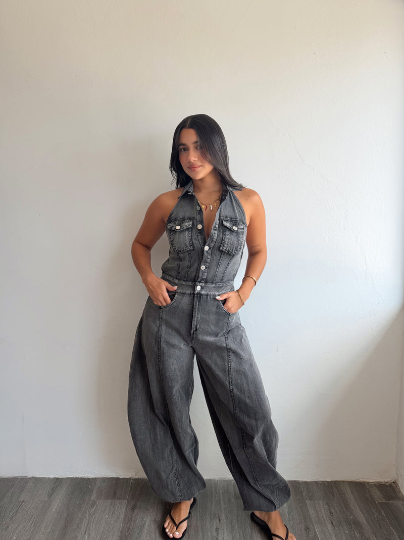 Black denim jumpsuit