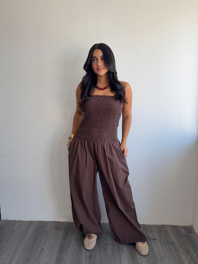 Brown tube balloon jumpsuit