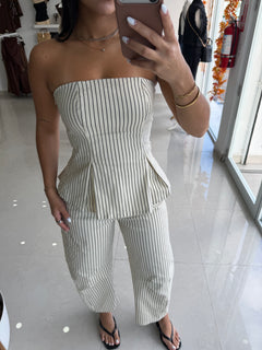 Stripe strapless top and barrel pants