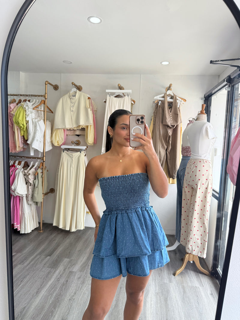 Denim/ Polka dots romper